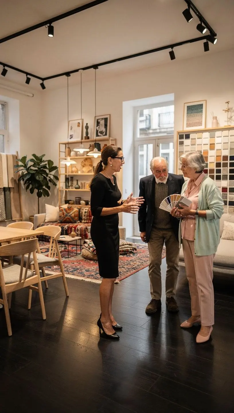 Cliente discutindo feedback em showroom de design de interiores.